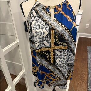 INC Stylish Blue and Gold Halter top with gold tone chain hardware Size S
